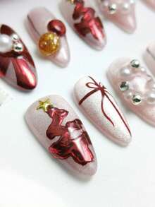 10 Pcs Christmas Style, Royal Sister Style, Gentle Style, Christmas Tree Decoration, Bow Pattern, Pearl Decoration, Star Pattern, Red, Pink, White, Medium-Length Almond-Shaped, Hand-Pressed False Nails Set, Suitable For Christmas Gatherings, Christmas Parties, Shopping, And Dating. This Manicure Set Includes 1 Jelly Glue And 1 Mini Nail File, As Well As A Set Of Exquisite Handmade False Nails