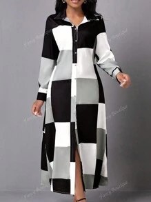 Vestido largo con botones, de manga larga y con bloques de color, cuello con solapa, para mujer. Camisa casual de mujer de manga larga dividida, con cuello, ajuste regular, de múltiples colores, para uso diario casual en primavera/otoño