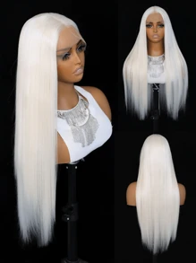 SALLYWELL 白色合成蕾丝前假发，适合女性和女孩，长而柔顺的直发，无需胶水，自然发际线，中分，耐热纤维材质。