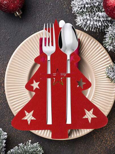 10/20 件圣诞树设计餐具架、毛毡餐具收纳袋、红色和绿色刀叉套，适用于圣诞节派对餐桌餐具装饰用品，圣诞节