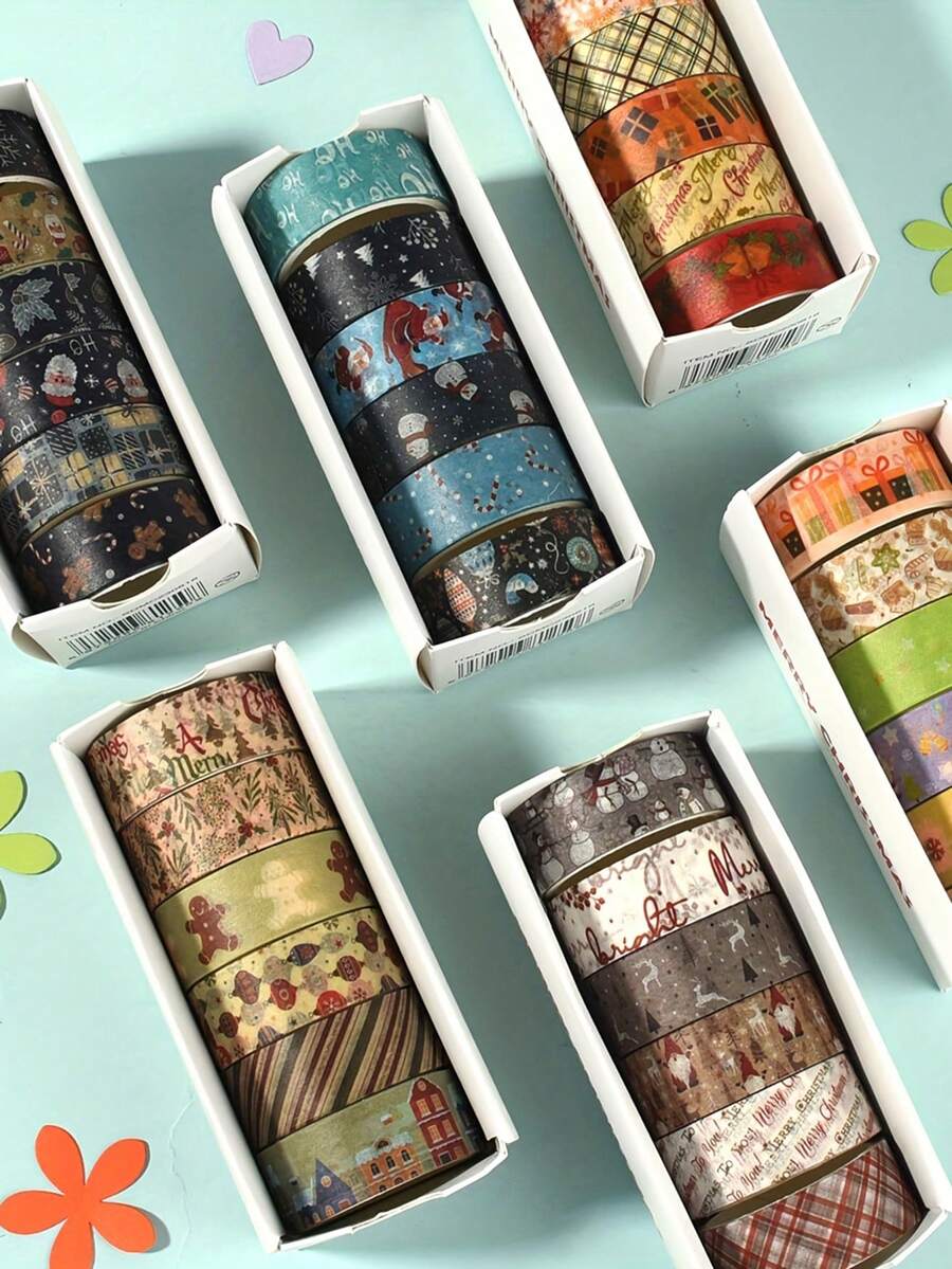 6 Rolls/Box, Christmas Pattern Washi Tape Set, Personalized Design Bronzing Pattern, Self-Adhesive, Multi-Color, Regular Shape Sticker Rolls For Diary Album Card Making, DIY Crafts, Unique Holiday Gifts, Party Decoration Tape - Multicolor - View 1