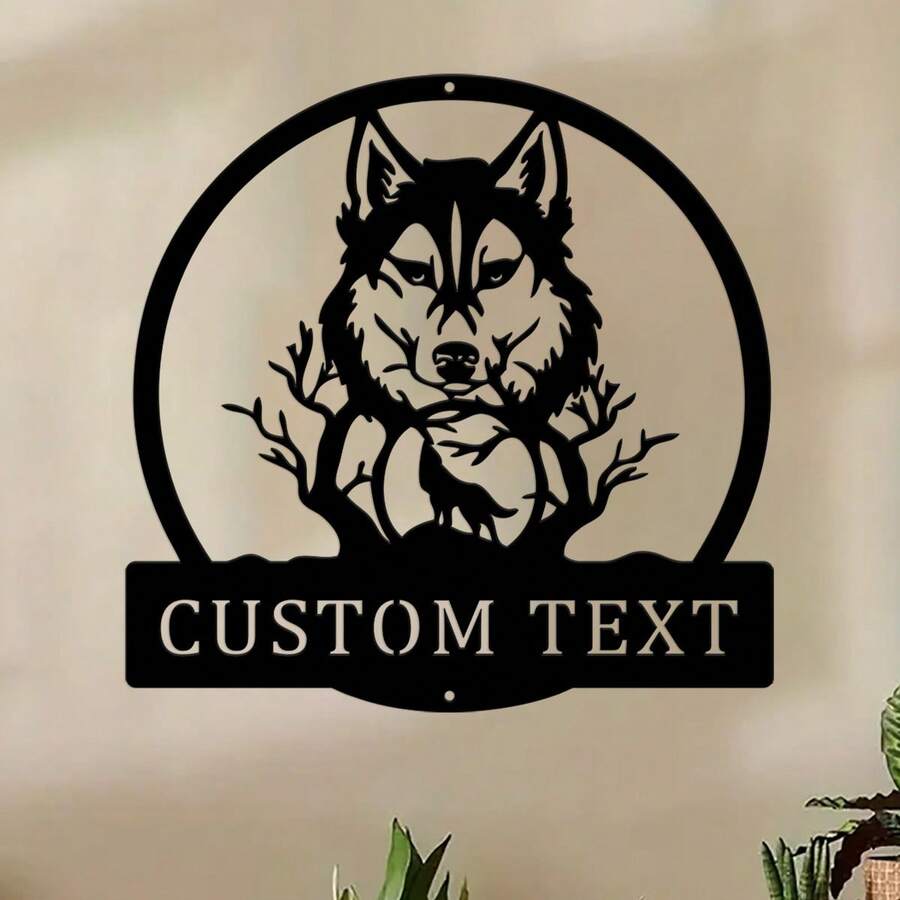 1pc Wolf Monogram trang trí tường kim loại cá nhân Wolf Metal Wall Art Wolf Metal Sign Wolf Lover Wolf Gift Wolf - màu đen - Xem 1