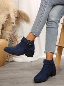 Fall/Winter 2024 New Vintage French Style Leather Buckle Boots For Women, Brown Western Boots, Ankle Length English Style - Blue - View 1