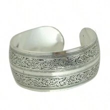1pc Vintage Metal Embossed Auspicious Cloud, Elephant & Lotus Floral  Pattern  Textured Openwork Adjustable Bangle Bracelet, Fashion Accessory Gift For Women And Couples - Antique Silver - View 19