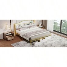 Metal Platform Bed With 3 Drawers, Storage Headboard, King, Gold