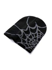 1pc Women's Fashionable Knitted Streetwear Y2K Beanie Hat, Autumn Winter Double Layer Spider Web Jacquard Pattern Halloween Elements Casual Brimless Hat