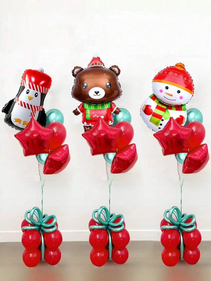18pcs Christmas Theme Balloon Set, Snowman, Penguin, Bear Shaped Balloons, 18inch Star Balloons For Christmas Party Decor, Halloween, Halloween Decoration