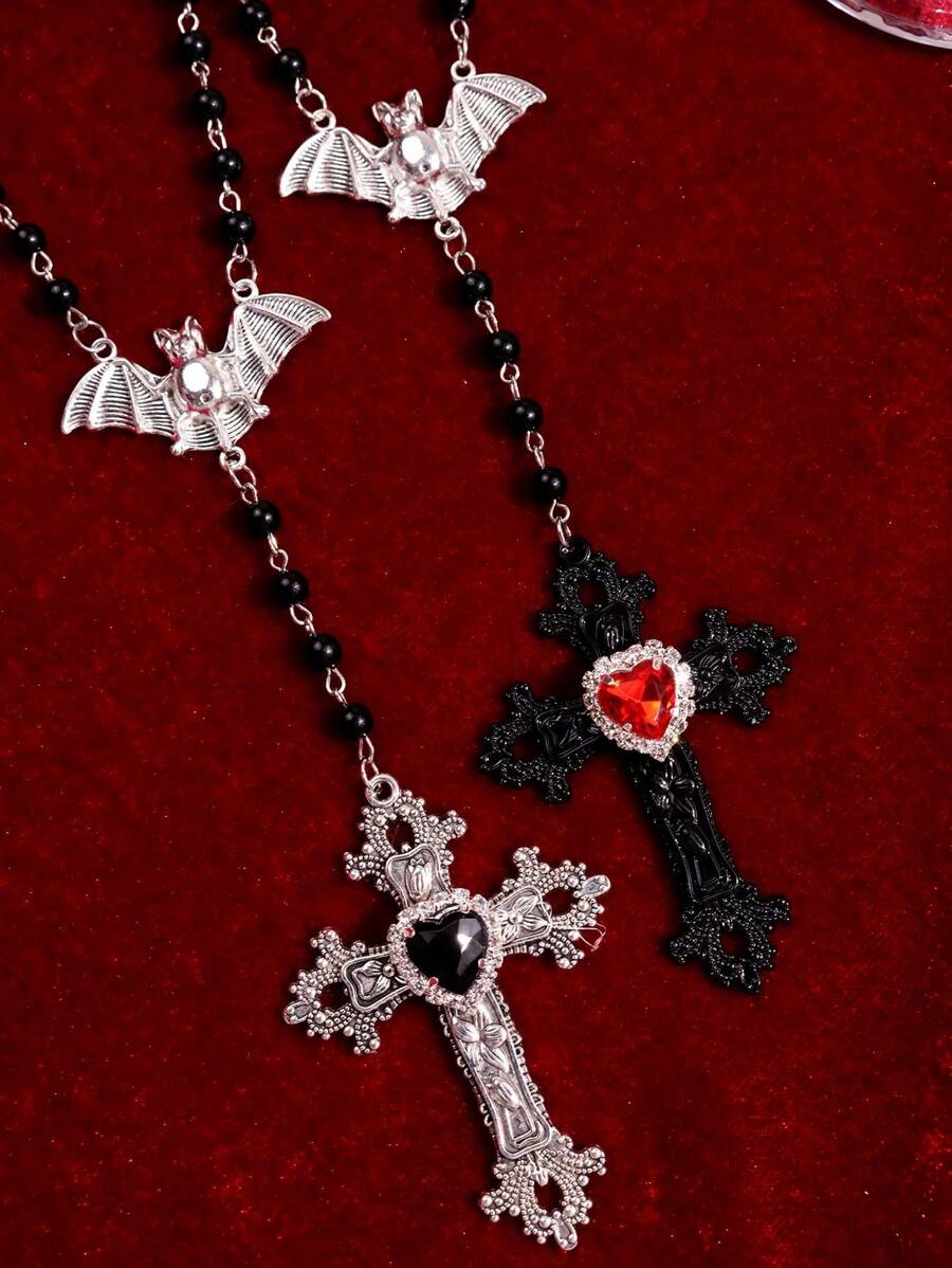 1 件复古哥特式、蝙蝠和心形锆石串珠长项链套装，女士万圣节节日礼物珠宝 - 彩色 - 查看 1