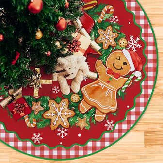 2 件装姜饼人和圣诞树 48 英寸蝴蝶结雪花人造圣诞树裙，红色水牛格子适用于室内装饰、农舍节日派对家居