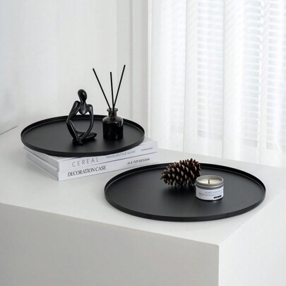 1pc Metal Round Tray, Large & Small Size, Black Vanity Tray For Bathroom, Bedroom Cosmetics, Fragrance, Aromatherapy, Desktop Storage, Living Room Countertop, Bathroom Art Decoration
