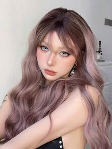 24 Inch Brown To Pink Ombre Wavy Wig With Bangs - Heat Resistant Synthetic Fiber Wig Cap With Rose Gold Net - Natural Long Wavy Ombre Hair Style Suitable For Daily, Party, Cosplay - Fits All Skin Tones - Ombre - View 6