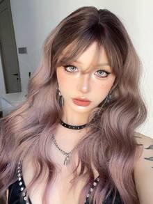 24 Inch Brown To Pink Ombre Wavy Wig With Bangs - Heat Resistant Synthetic Fiber Wig Cap With Rose Gold Net - Natural Long Wavy Ombre Hair Style Suitable For Daily, Party, Cosplay - Fits All Skin Tones - Ombre - View 3