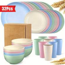 32pcs Dinnerware Sets For 8, Plastic Plates And Bowls Sets, Unbreakable Dinnerware, Lightweight Plastic Plate Set, Dinner Plates, Dessert Plates, Cups, Bowls, For Home Kitchen Restaurant Picnic Camping Party - 32Pcs Color - View 1