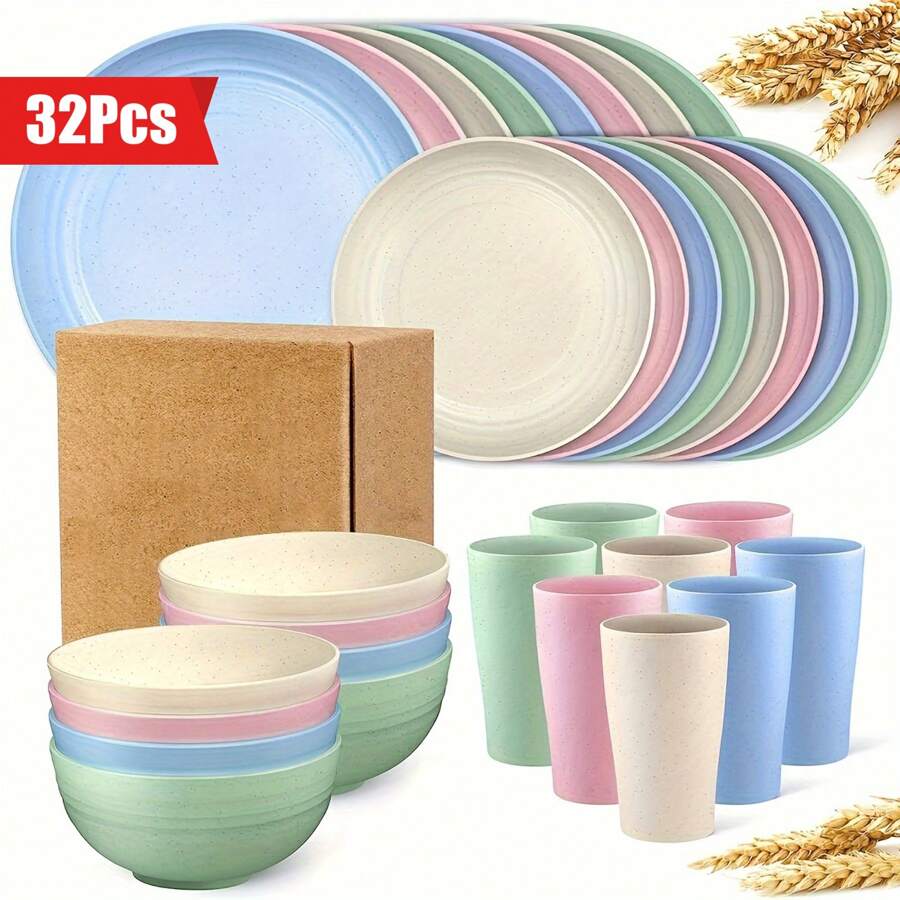 32pcs Dinnerware Sets For 8, Plastic Plates And Bowls Sets, Unbreakable Dinnerware, Lightweight Plastic Plate Set, Dinner Plates, Dessert Plates, Cups, Bowls, For Home Kitchen Restaurant Picnic Camping Party - 32Pcs Color - View 1