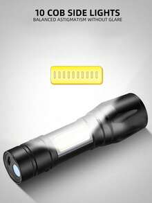 Rechargeable High Brightness Flashlight With 3 Modes, Led Outdoor Usb Work Light Cob Mini Torch, Adjustable, Perfect For Camping, Hiking - Black - View 4