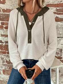 Women's Casual Everyday Jacquard Waffle Contrast Color Drawstring Hoodie, For Autumn - Apricot - View 3