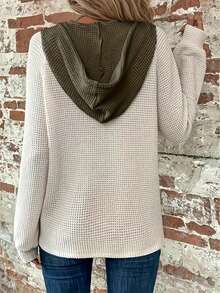 Women's Casual Everyday Jacquard Waffle Contrast Color Drawstring Hoodie, For Autumn - Apricot - View 5
