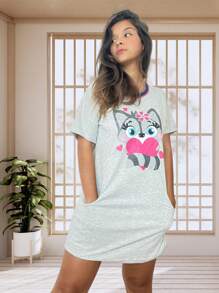 Women's Pajama Nightgown Half Sleeve Adult Comfortable - 藏蓝色 - 查看 1