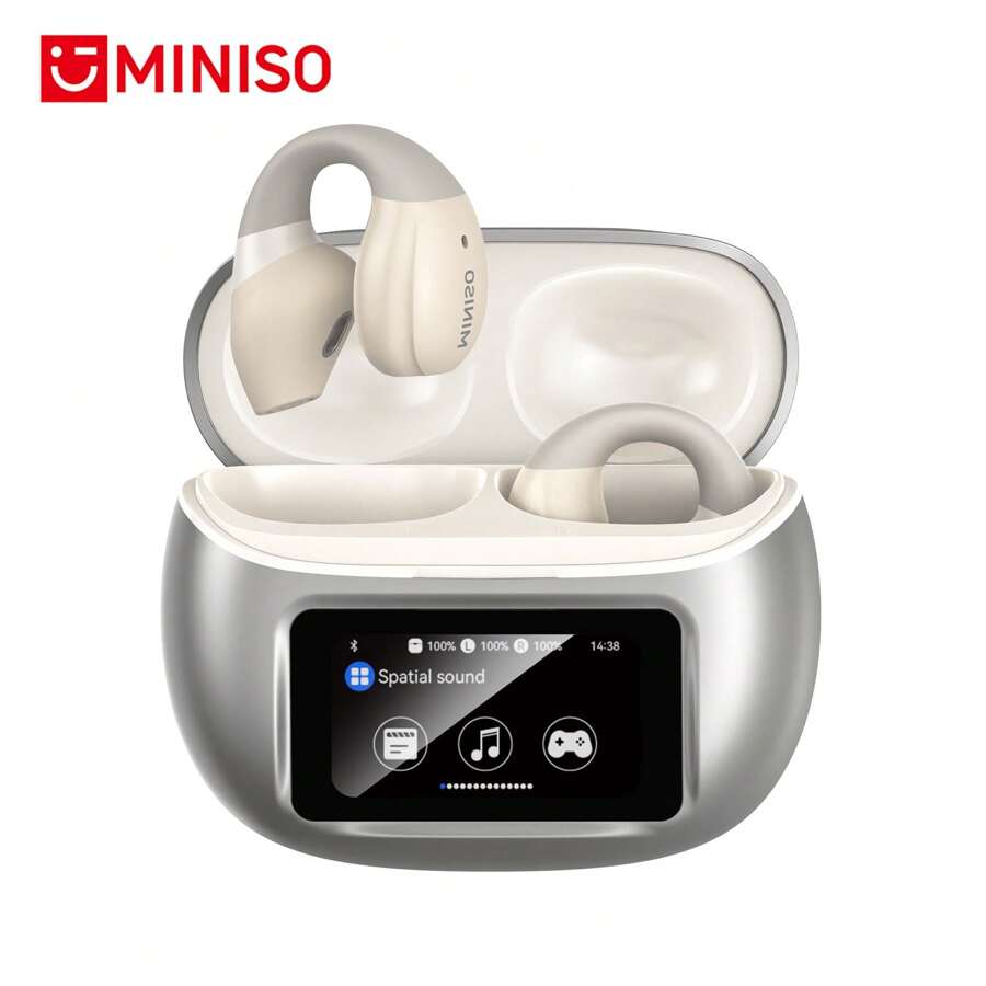 Miniso X29 Open Ear- Clip Wireless Earbuds Headphones,Full Color Display Touch Screen HiFi Sound Music Ear Buds,Sound Long Distance Connection Headset With Charging Case Light-Weight Headphones Built-In Microphone - 銀色 - 查看 1