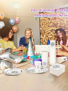 80pcs/100pcs, Disco Ball Party Set - Silvery/Pink-Tone Tableware, Include Paper Cups, Paper Plates, Napkins - For Music Concert Wedding Birthday Party Supplies, Party Decorations