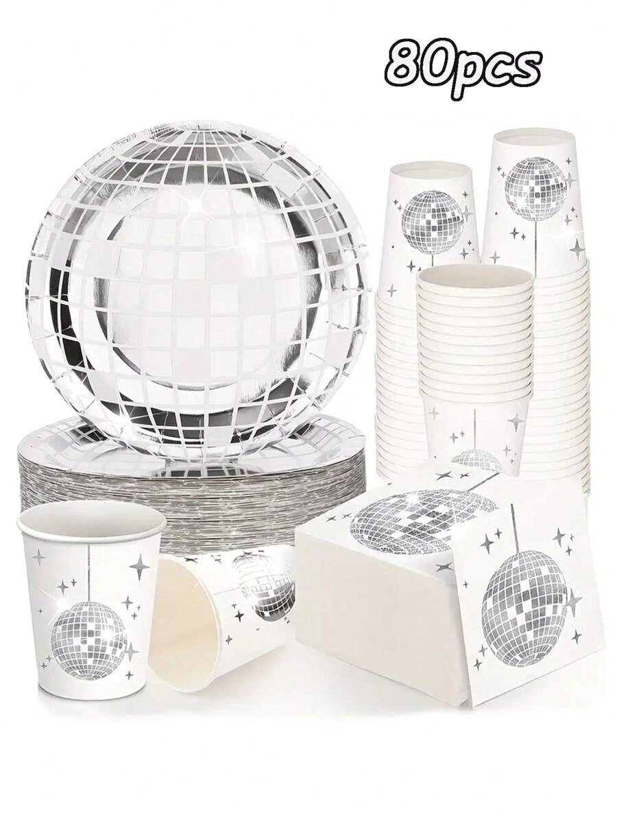 80pcs/100pcs, Disco Ball Party Set - Silvery/Pink-Tone Tableware, Include Paper Cups, Paper Plates, Napkins - For Music Concert Wedding Birthday Party Supplies, Party Decorations