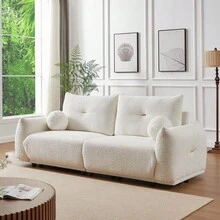 Lamb's Wool 2-Seater Cushion Sofa 90'' Comfortable Sofa For Living Room Bedroom And Other Casual Spaces Lamb's Wool Sofa With 2 Cushions And 2 Ball Pillows. (Beige) - 米色+布料+海綿+2座椅如圖 - 查看 3