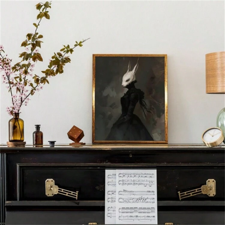 1 Piece Unframed Canvas Wall Art Home Decor Halloween Wall Art Prints, Vintage Halloween Posters Decor, Aesthetic Dark Academia Wall Pictures Gold Rabbit Lady Wall Decor Gothic Room Decor - Multicolor - View 2