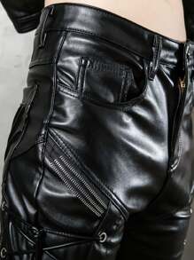 街头摩托绑带个性团购朋克秋冬新款修身机车绑带欧美男拼布皮裤 - 黑色 - 查看 8