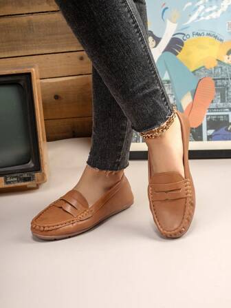 1 Pair Women Flat Casual Comfortable Breathable Loafers, Hand-Stitched Smiling Face Design, Outdoor Non-Fatigue Shoes