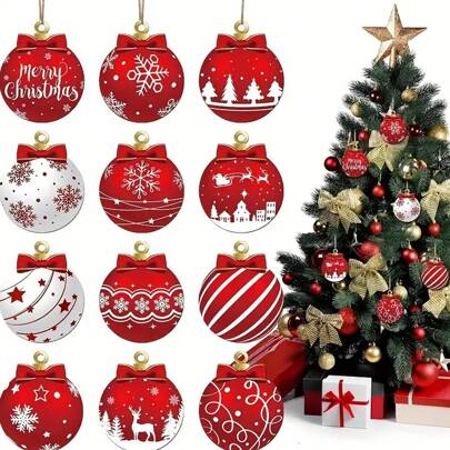 12pcs 2D Elegant Wooden Christmas Ornaments Set - Perfect For Tree Garden & Party Decorations