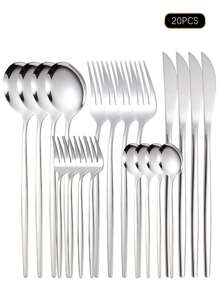 5/20/30 Pieces Set Stainless Steel Portuguese Style Knife Fork Spoon Cutlery Set Suitable For Home, Hotel, Wedding, Festival Gifts, Kitchen, Christmas Gift - 銀色 - 查看 8