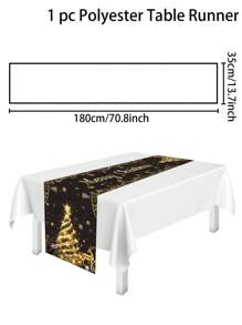 1 件圣诞桌旗，黑色背景金色圣诞树红色格子帽子侏儒主题，“圣诞快乐”，复古农舍风格，涤纶材料，冬季节日家庭聚会餐桌中心装饰，圣诞节
