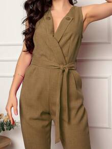 Linen Jumpsuit - Women's Fashion - Elegant And Sophisticated - Jumpsuit With Tie-Dye Side - Rỉ Nâu - Xem 5
