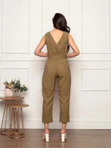 Linen Jumpsuit - Women's Fashion - Elegant And Sophisticated - Jumpsuit With Tie-Dye Side - Rỉ Nâu - Xem 4