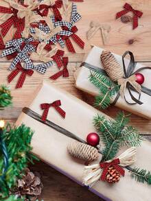 30 Stücke Mini Karierte Weihnachts-Schleifen, Weihnachts Schwarz Rote Buffalo Karierte Schleifen, Schwarz Weiße Gingham Karo Schleifenband, Natürliche Jutestroh Schleife für Weihnachtskranz, Weihnachtsbaum und Heimdekoration