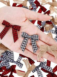30 Stücke Mini Karierte Weihnachts-Schleifen, Weihnachts Schwarz Rote Buffalo Karierte Schleifen, Schwarz Weiße Gingham Karo Schleifenband, Natürliche Jutestroh Schleife für Weihnachtskranz, Weihnachtsbaum und Heimdekoration