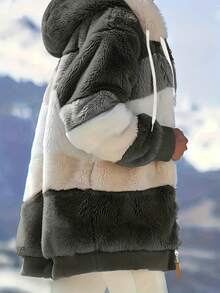 Furry New Hoodie Jacket, Loose Fluffy Colorblock Hooded Coat For Women, Fall Winter - Army Green - View 5