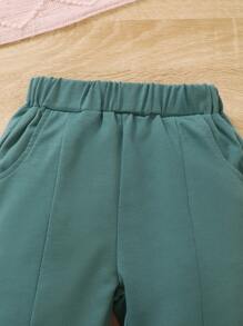 Young Girls Heart Graphic Print Sweatshirt & Solid Color Sweatpants Casual Set - Olive Green - View 5