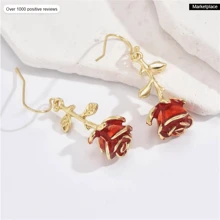 1pair Romantic & Cute Metal Rose Flower Red Enamel Creative Punk Style Dangle Earrings, Suitable For Holiday Party & Date
