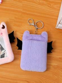 1pc Purple Fuzzy Monster Decor ID Card Holder, Cute Portable Office Card Cover With Key Ring
