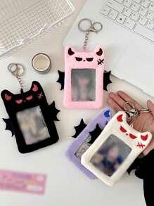 1pc Purple Fuzzy Monster Decor ID Card Holder, Cute Portable Office Card Cover With Key Ring