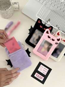 1pc Purple Fuzzy Monster Decor ID Card Holder, Cute Portable Office Card Cover With Key Ring