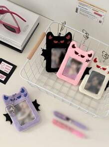 1pc Purple Fuzzy Monster Decor ID Card Holder, Cute Portable Office Card Cover With Key Ring