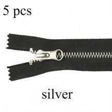 5pcs Single Slider, Double Sliders #5 Metal Zippers, Assorted Colors, Suitable For Sewing, Jackets, And Crafts - Black, Gold, Silver Grey