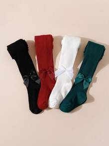 4 件装女童纯色条纹蝴蝶结打底裤连裤袜，适合日常穿着和节日 - 彩色 - 查看 6