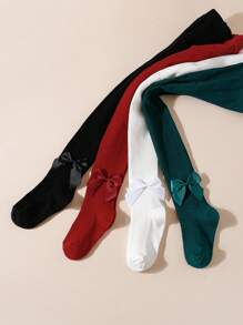 4 件装女童纯色条纹蝴蝶结打底裤连裤袜，适合日常穿着和节日 - 彩色 - 查看 5