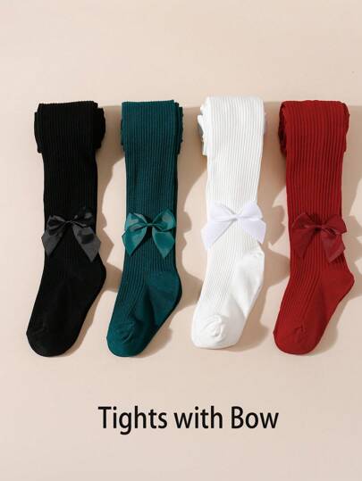 4pcs Girls' Solid Color Striped Bowknot Legging Pantyhose, Suitable For Daily Wear & Festivals