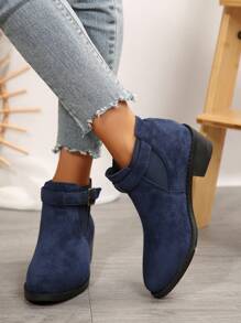 Fall/Winter 2024 New Vintage French Style Leather Buckle Boots For Women, Brown Western Boots, Ankle Length English Style - Blue - View 7