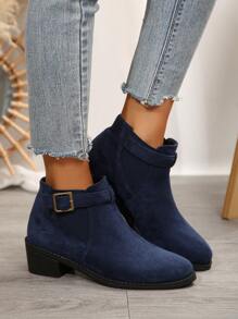 Fall/Winter 2024 New Vintage French Style Leather Buckle Boots For Women, Brown Western Boots, Ankle Length English Style - Blue - View 5