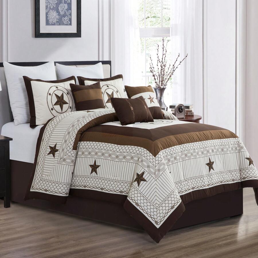 7 Pieces Modern Printed Bedding Comforter Sets With Geometric Star Pattern, Classic Color Block Patchwork Bed Set, Decorative Bed In A Bag With Down Alternative Filling - Beige - View 1